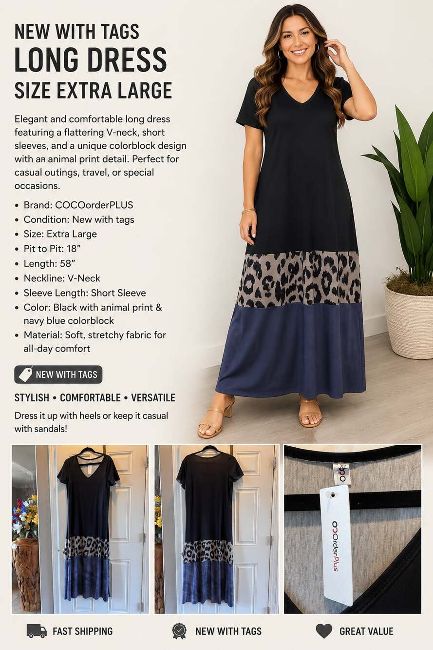 COCOorderPLUS Women’s XL Long Maxi Dress NWT Black Blue Animal Print V-Neck